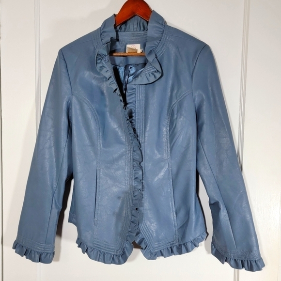 Hot in Hollywood Vegan Blue Faux Leather Jacket Ruffles Size Small - Picture 2 of 16